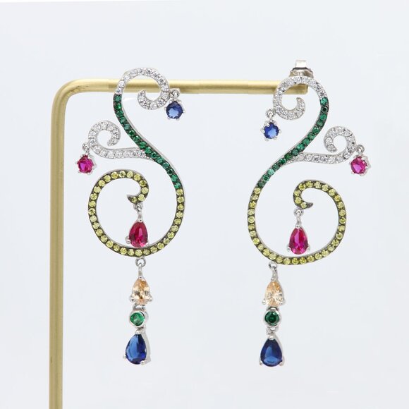 Large Dangle Earrings Sterling Silver Multi Color Stones Chandelier Earring - Picture 7 of 7